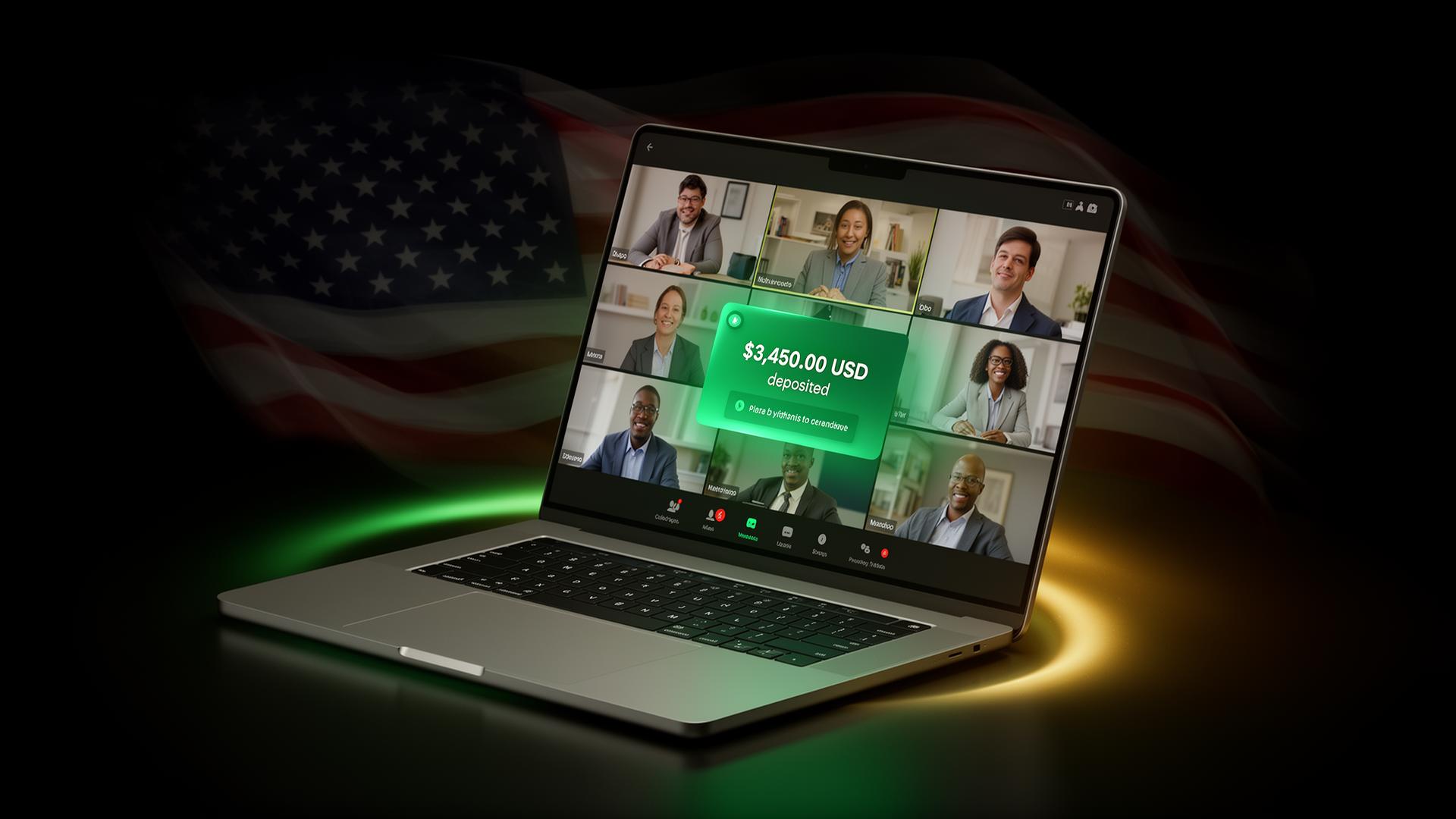 Mockup de SDR em reunião multinacional recebendo depósito em dólar
